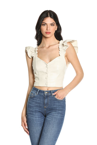 Short DYANAR top with buttons and faux leather smocking 