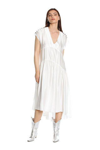 VANGRID long over half sleeve dress with studs and asymmetrical curls 