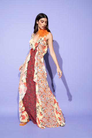 Long PEACOCK dress with shoulder straps and ruffles with multicolor flower print