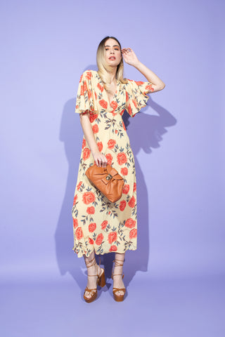 VERITATE long half-sleeved dress with wide crossover neckline. Rose