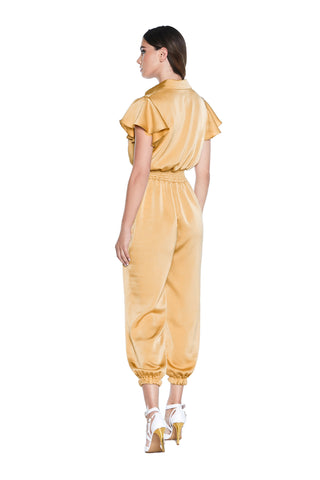 POTRES long half-sleeved jumpsuit with crossover neckline, pockets with buttons, smocking, elasticated hem 