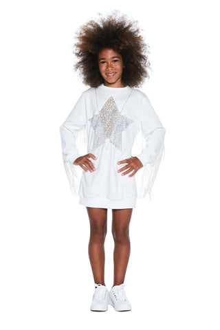 OHOH long sleeve dress with faux leather fringes and micro studs star 