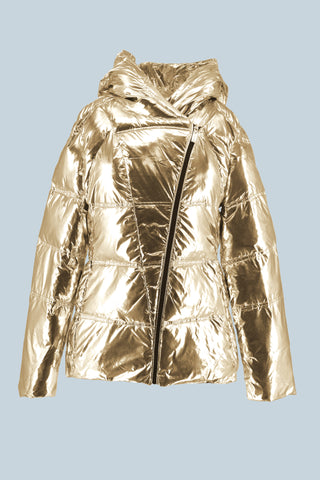 YLET long-sleeved down jacket with transverse zip and metallic effect hood