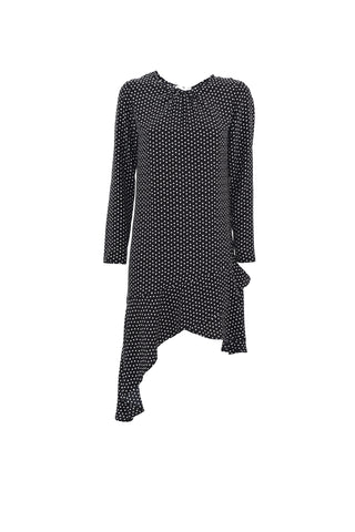 LAUTA short, long-sleeved dress with pleats and ruffles, asymmetrical hem with polka dot pattern