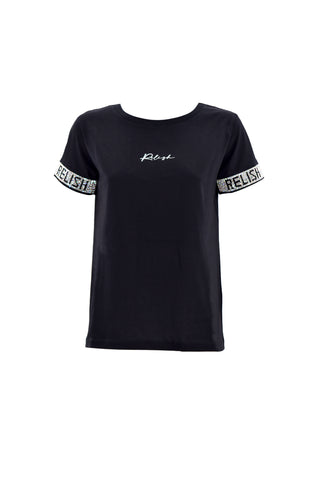 CARLIT half sleeve t-shirt with logo rhinestone ribbon and print