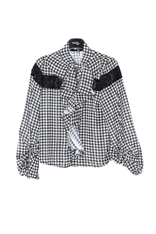 JURYY blouse for girls with long sleeves Puff plus Bow plus Frill plus Lace inserts Houndstooth pattern