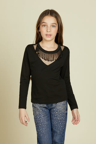 HULINA long sleeve t-shirt with tulle and beaded trimmings
