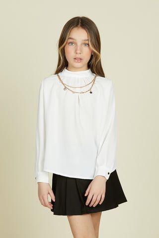 ROSSY long sleeve blouse with pleats and relish pendant necklace