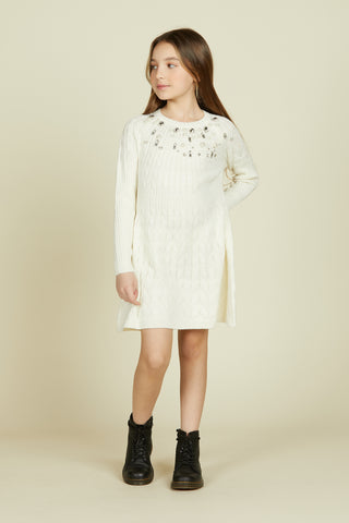 TESEA short, long-sleeved, flared dress with pearl and cabochon applications