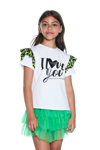 T-shirt LOVEME mezza manica rouches raso maculata con stampa i love you cuore