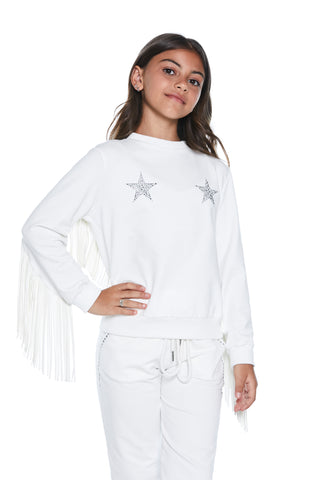 STELLA long-sleeved sweatshirt with eco-leather fringes and micro-studded stars 
