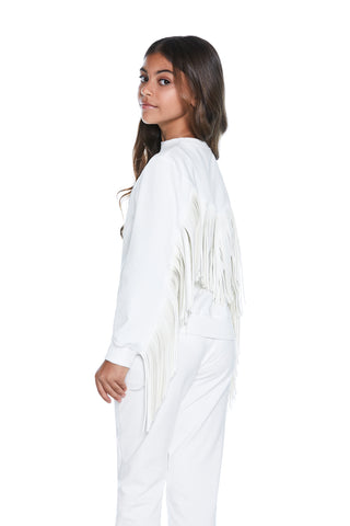 STELLA long-sleeved sweatshirt with eco-leather fringes and micro-studded stars 