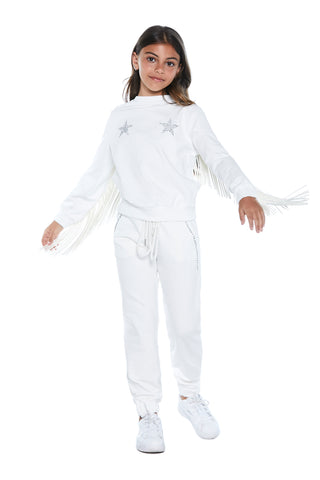 STELLA long-sleeved sweatshirt with eco-leather fringes and micro-studded stars 