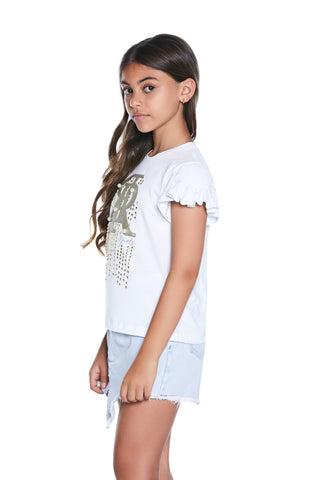 RR half sleeve ruffle t-shirt plus curls plus rr glitter print plus studs plus pearls 