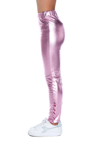 RRR leggings with ruffles on a metallic effect background 