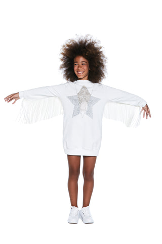 OHOH long sleeve dress with faux leather fringes and micro studs star 