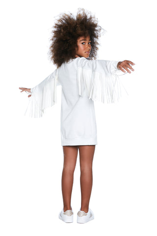 OHOH long sleeve dress with faux leather fringes and micro studs star 