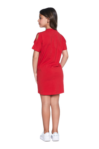 MAXROS short half-sleeved dress with shoulder opening and fringed print 