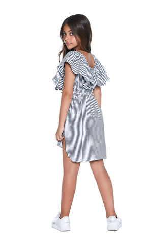LINE short half-sleeve ruffle dress with side slits and bow on the back with striped pattern 