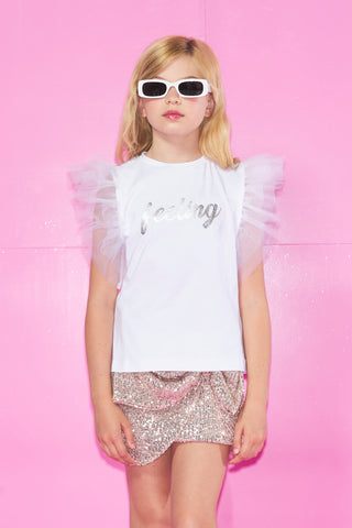 T-Shirt GRUMPY mezza manica Tulle con Stampa più Appl.Paillettes Spalle