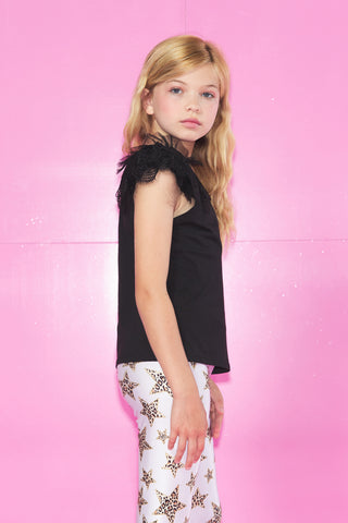 CAELUMINA T-Shirt One shoulder half sleeve Tulle plus lace