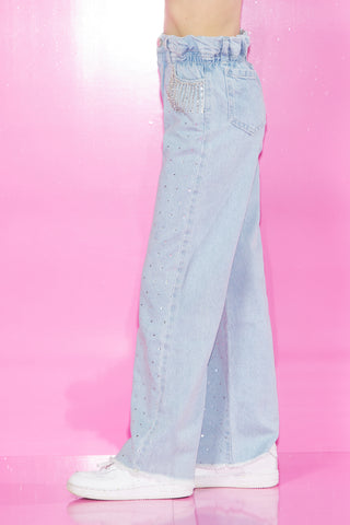 Panta SLOW Denim Sfrangiato con Strass più Passamaneria Catene Tasche