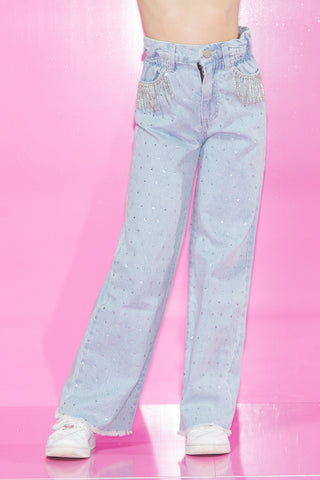 Panta SLOW Denim Sfrangiato con Strass più Passamaneria Catene Tasche