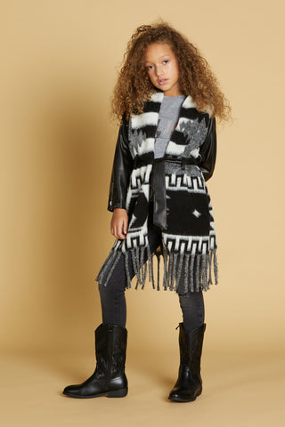 COMPASSO long eco-leather coat with zip, patch, belt and patterned fringes