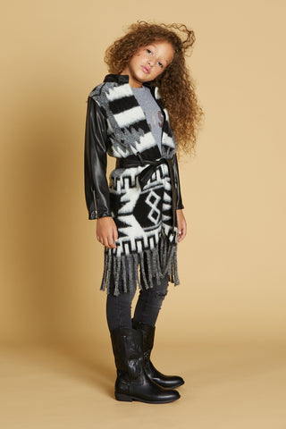 COMPASSO long eco-leather coat with zip, patch, belt and patterned fringes