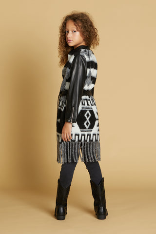 COMPASSO long eco-leather coat with zip, patch, belt and patterned fringes