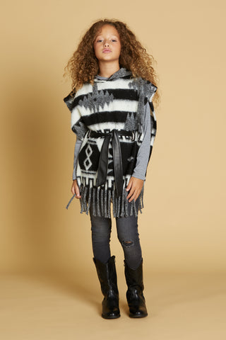PERSEO poncho with hood plus faux leather belt plus patterned fringes
