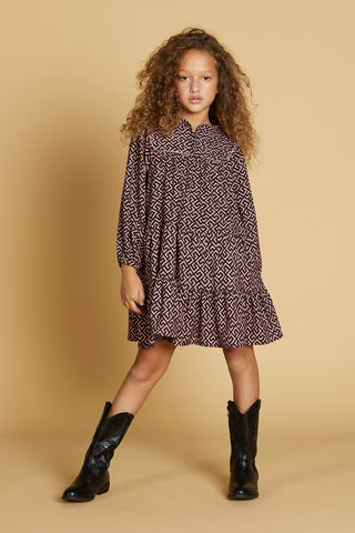 Short UNICORNO dress with button and optical patterned lurex piping