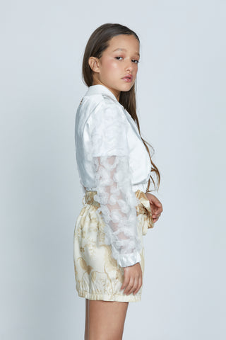 ANICE short jacket with long sleeves and zip plus tulle sleeves with flower petals and satin