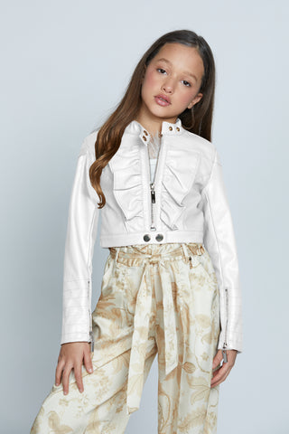 FABINA short long sleeve jacket with faux leather front frill