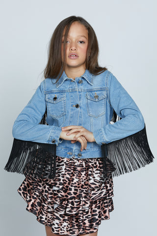 TELOPEA long-sleeved denim jacket with fringe trimmings