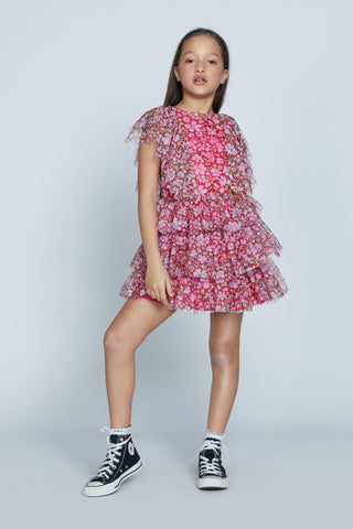 Short COLINSIA dress with ruffles and flower patterned flounces