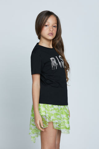 EMIKO half-sleeved t-shirt with rlsh rhinestone writing and hanging chains
