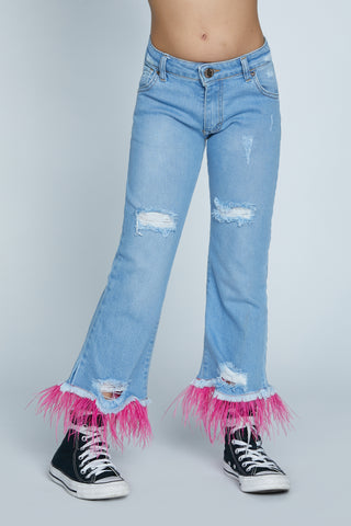 SOFORA jeans with tears plus abrasions plus feathers at the bottom plus fraying