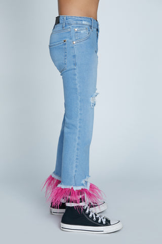 SOFORA jeans with tears plus abrasions plus feathers at the bottom plus fraying