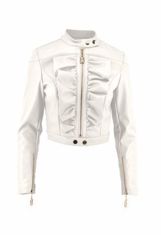 SABIC long-sleeved Korean collar jacket with zip and ruffles plus eco-leather stitching