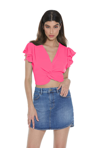 Blusa SAMA corta mezza manica rouches scollo incrocio con fusciacca più arricci
