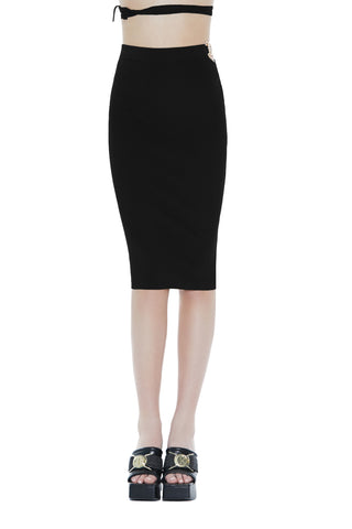 SERAPHINA midi skirt with side opening and ribbed logo buckle