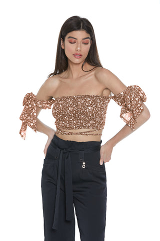 Crop-top SUZUKO mezza manica con fusciacca più punto smok fant. Fiori