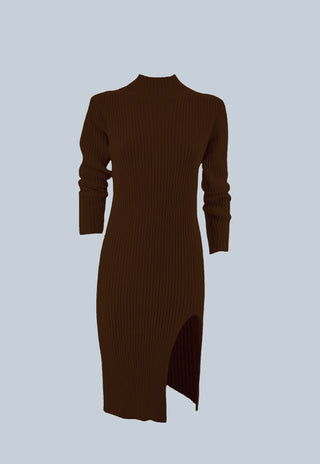 SEQUO long sleeve midi dress with volcano neck slit