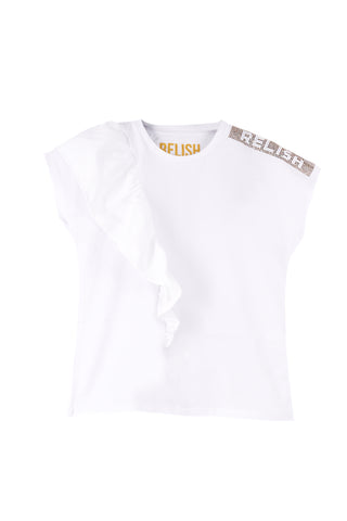 T-shirt SHILERINA mezza manica aletta con appl.strass più rouches tafta più stampa int.logo