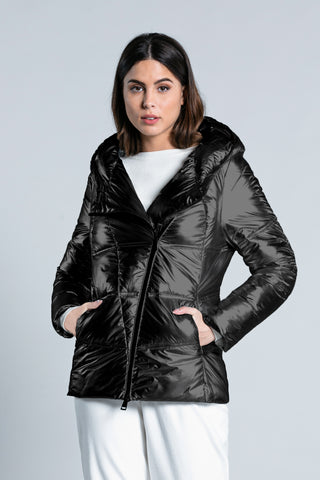 YLET long-sleeved down jacket with transverse zip and metallic effect hood