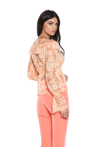 RAFFIS collarless long sleeve shirt with drawstring plus p. lace smock 