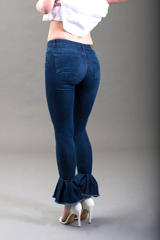 High waisted jeans with BLING ruffled hem 